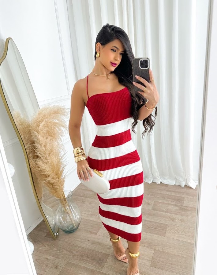 VESTIDO TRICOT LISTRADO VERMELHO